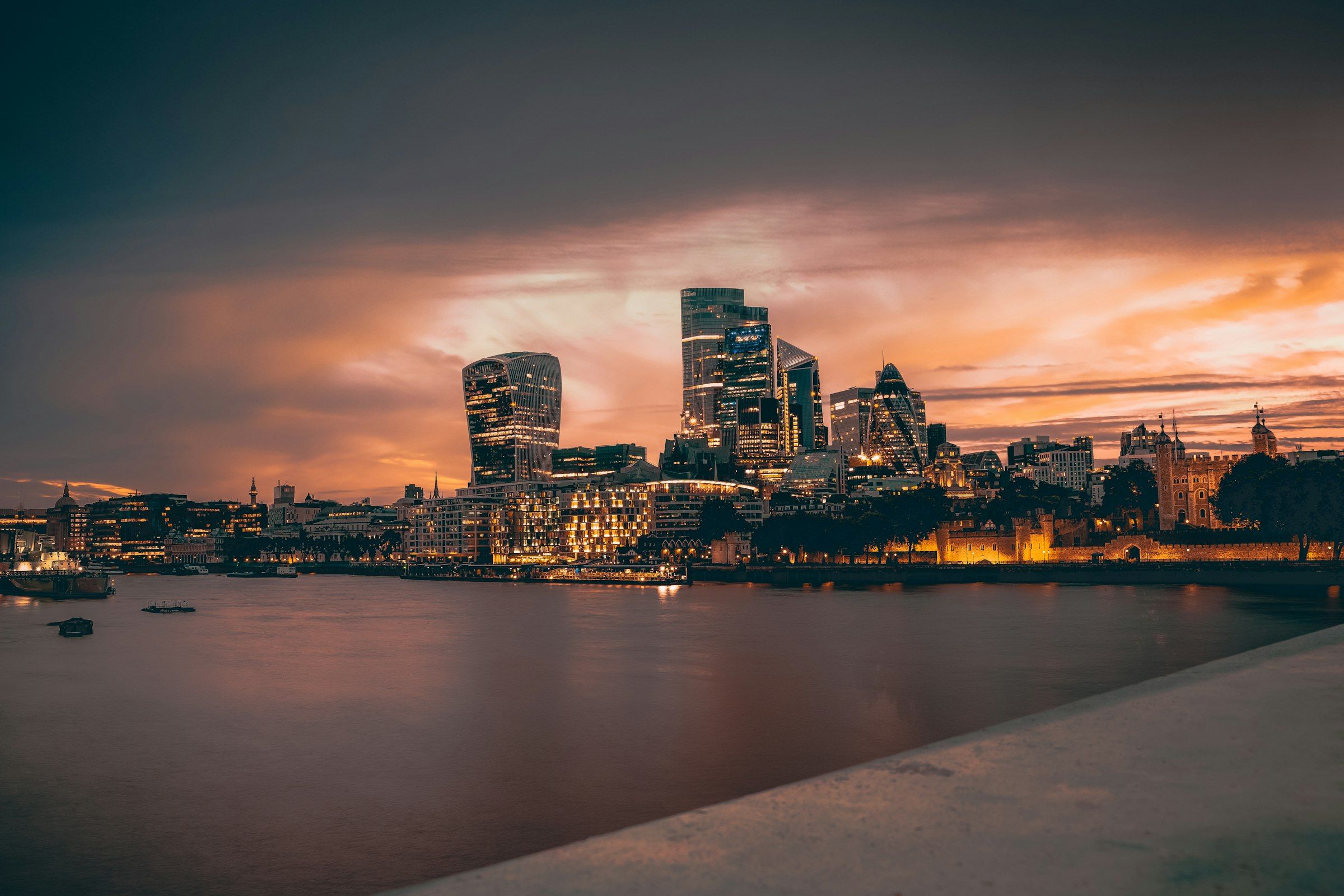 London skyline along the Thames at night